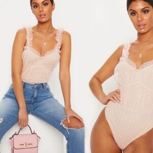 PRETTYLITTLETHING | Blush Mesh Frill Bodysuit 10